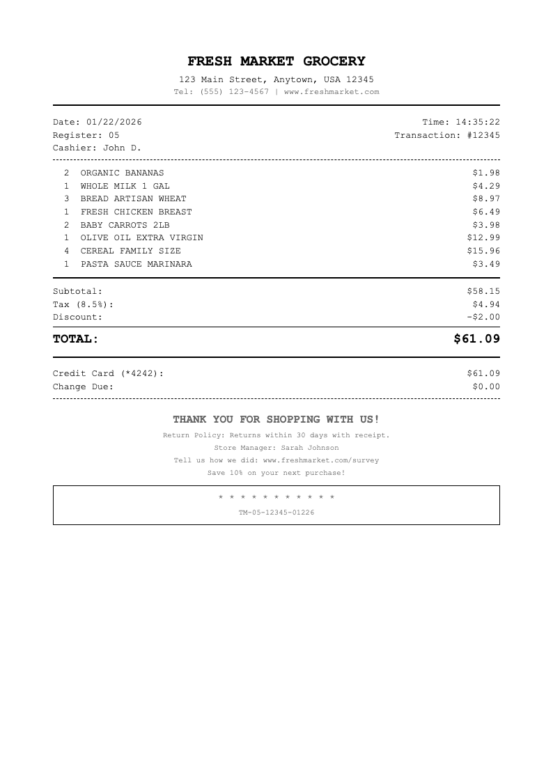 Classic thermal monochrome receipt